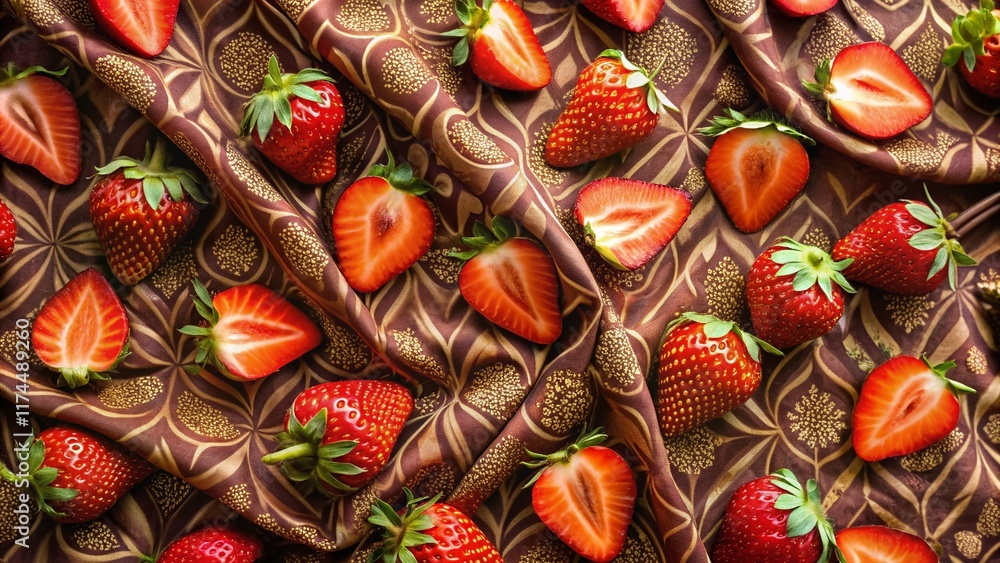 Chic Brown Background with Strawberry Slices and Patterned Fabric Chic Brown Background with Strawberry Slices and Patterned Fabric