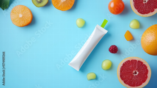 toothpaste tube with unique design is surrounded by vibrant fruits like oranges, kiwis, and grapes, creating fresh and colorful composition photo