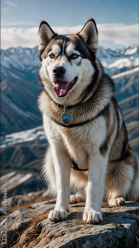 Majestic Husky Enjoying a Mountain View Under a Clear Blue Sky Majestic Husky Enjoying a Mountain View Under a Clear Blue Sky