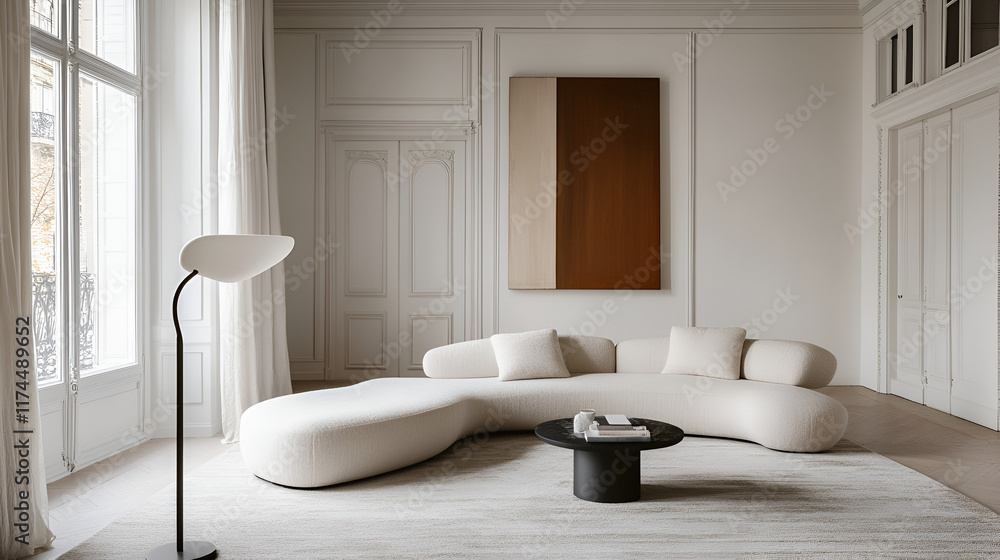 Contemporary Living Room with Sculptural Floor Lamp, Modern Interior Design, A white couch is in a room with a large window and a plant, Generative Ai Contemporary Living Room with Sculptural Floor Lamp, Modern Interior Design, A white couch is in a room with a large window and a plant, Generative Ai