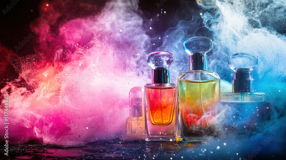 Artistic arrangement of colorful perfume bottles surrounded by vibrant smoke. scene captures blend of elegance and creativity, showcasing beauty of fragrance Artistic arrangement of colorful perfume bottles surrounded by vibrant smoke. scene captures blend of elegance and creativity, showcasing beauty of fragrance