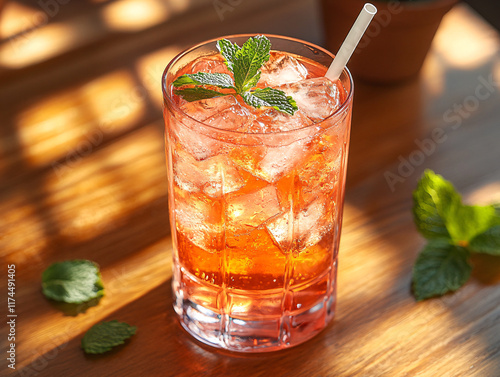 a clear glass filled with a red liquid, possibly a cocktail, with ice cubes and a straw. The glass is adorned with a sprig of mint, and there are some mint leaves scattered around on a wooden table. photo