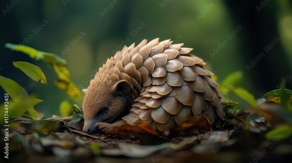 Obraz premium World Pangolin Day: A pangolin curled up on a forest floor, surrounded by natural foliage