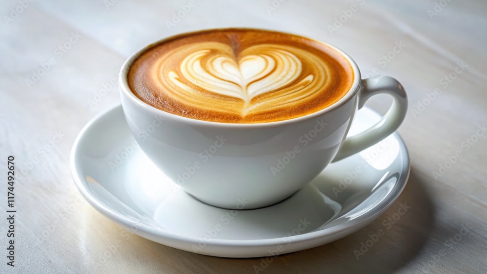 Close-up Latte Art: Heart-Shaped Foam in White Coffee Cup on White Table Close-up Latte Art: Heart-Shaped Foam in White Coffee Cup on White Table
