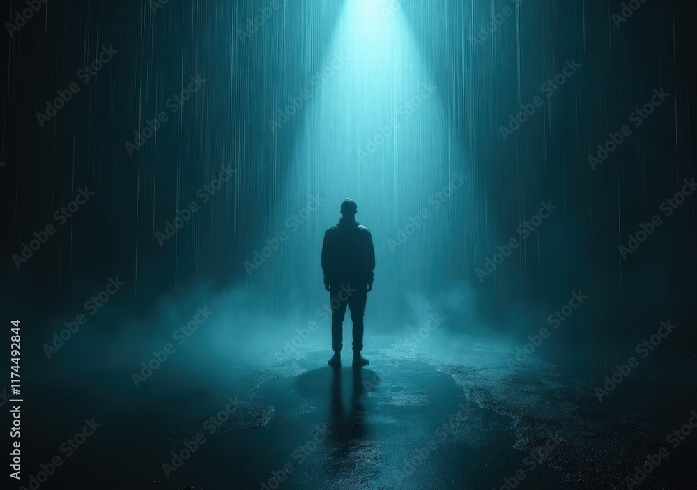 Person standing in dark space illuminated by dramatic light shafts Person standing in dark space illuminated by dramatic light shafts
