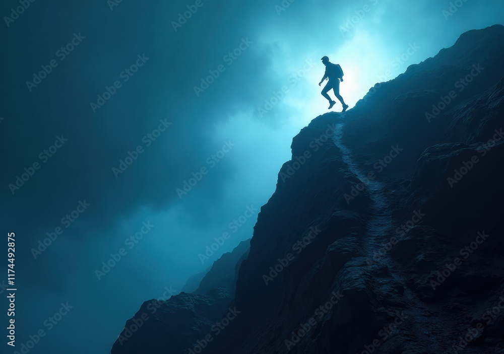 Obraz premium Hiker explores rocky terrain under a mystical blue light at dawn in the mountains