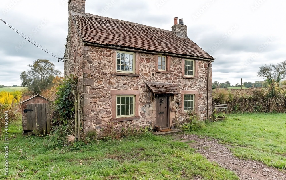 Obraz premium Charming stone cottage in rural setting.