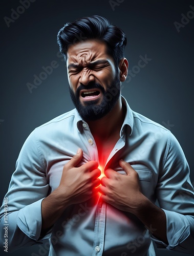 Man experiencing intense chest pain with glowing red highlight on the chest area, symbolizing heart health issues, heart attack symptoms, cardiovascular problems, health awareness, and emergency medic photo