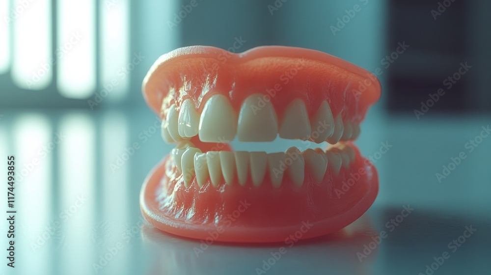 A close-up of a full set of dentures resting on a countertop, with a soft background, highlighting the natural appearance of the teeth and gums. A close-up of a full set of dentures resting on a countertop, with a soft background, highlighting the natural appearance of the teeth and gums.