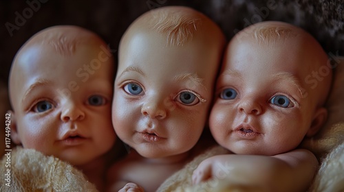 Three Realistic Baby Dolls: Adorable Close-up Portrait photo