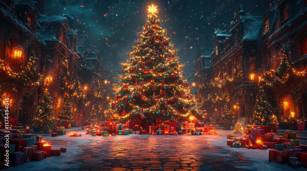 A huge Christmas tree with bright lights and presents A huge Christmas tree with bright lights and presents