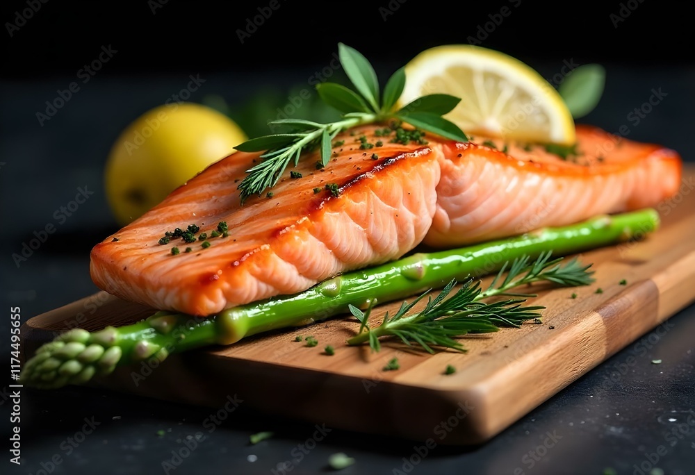 highly realistic light, editorial, Grilled salmon fillet on a wooden board with fresh asparagus spears, lemon wedge, and seasoning highly realistic light, editorial, Grilled salmon fillet on a wooden board with fresh asparagus spears, lemon wedge, and seasoning