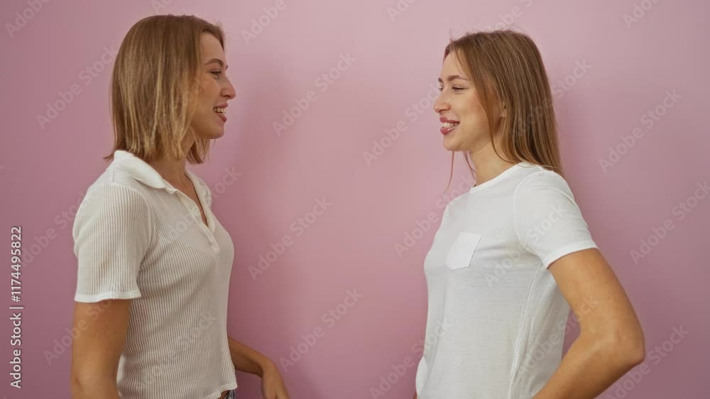 Women smiling and talking together against a pink background embodying sisterly love and familial connection with casual attire and blonde hair Women smiling and talking together against a pink background embodying sisterly love and familial connection with casual attire and blonde hair