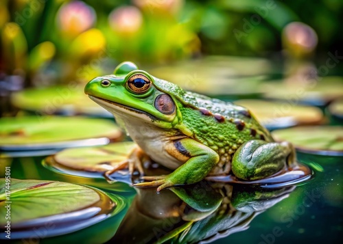 Close-Up of Green Frog Among Lily Pads in Pond - High-Resolution Wildlife Stock Photo photo