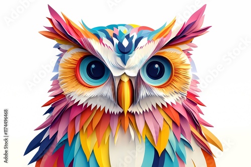 Kirigami art of a vibrant, colorful owl crafted with intricate details, set against a clean white background, showcasing elegance and creativity