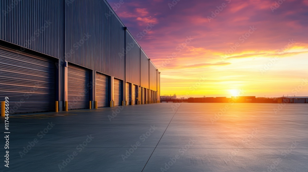 Obraz premium Sunset warehouse exterior industrial area photography evening wide angle urban landscape