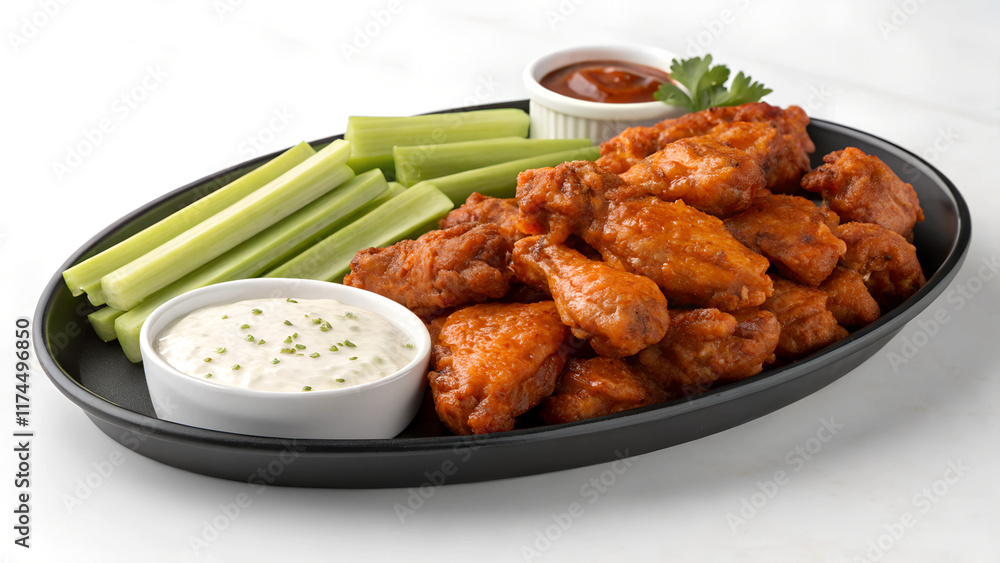 Fototapeta premium Buffalo Wings with Spicy Sauce, Celery Sticks, and Ranch Dip in 4K