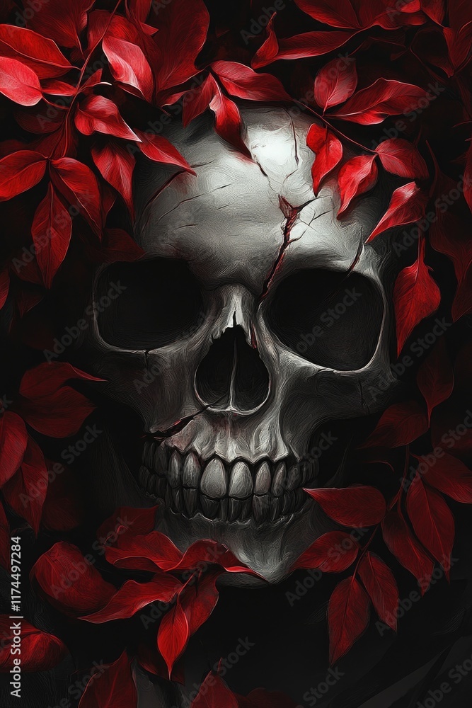 A skull adorned with red, green, and purple leaves, set against a black background, in a dark fantasy art wallpaper style. A skull adorned with red, green, and purple leaves, set against a black background, in a dark fantasy art wallpaper style.