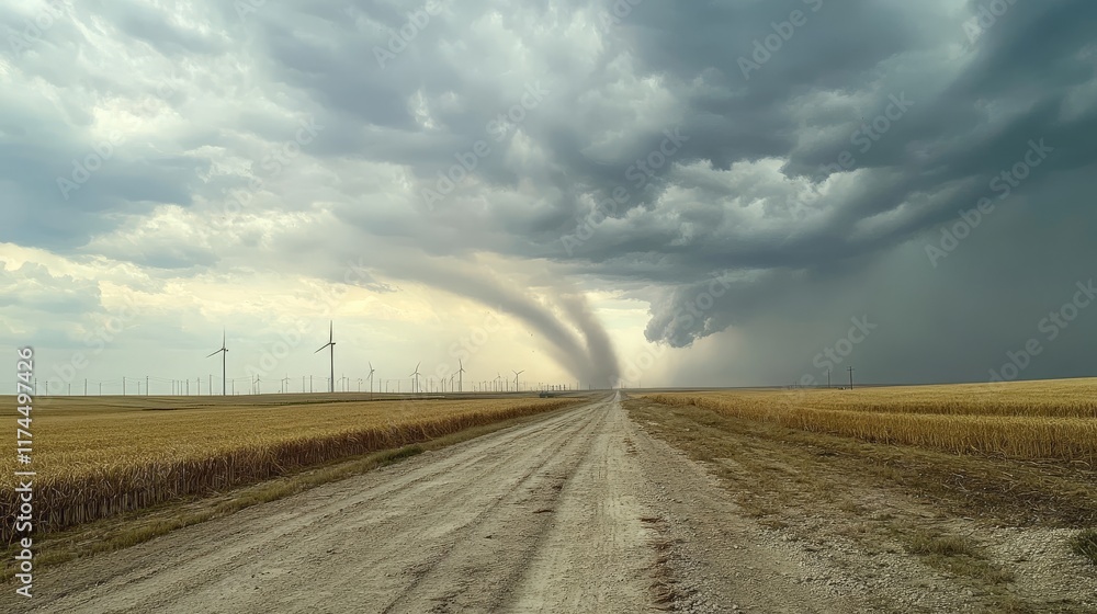 Naklejka premium Dramatic storm over wind farm with turbulent sky and dirt road