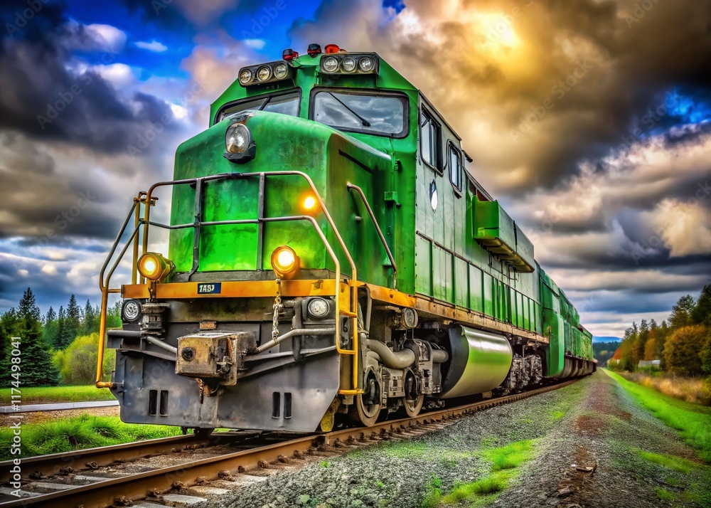 Obraz premium Close-up of Vintage Green Freight Train Locomotive in Mount Vernon, Washington - April 2024