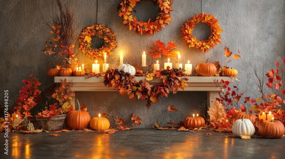 Obraz premium A cozy autumn scene with pumpkins, candles, and colorful leaves, perfect for seasonal decor.