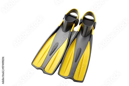 Yellow and Black Swim Fins with Adjustable Open Heel Straps on Transparent Background - Ideal for Swimming, Snorkeling, and Diving photo