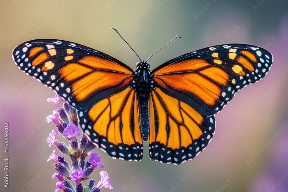 Closeup of a monarch butterfly perched on a purple flower Closeup of a monarch butterfly perched on a purple flower
