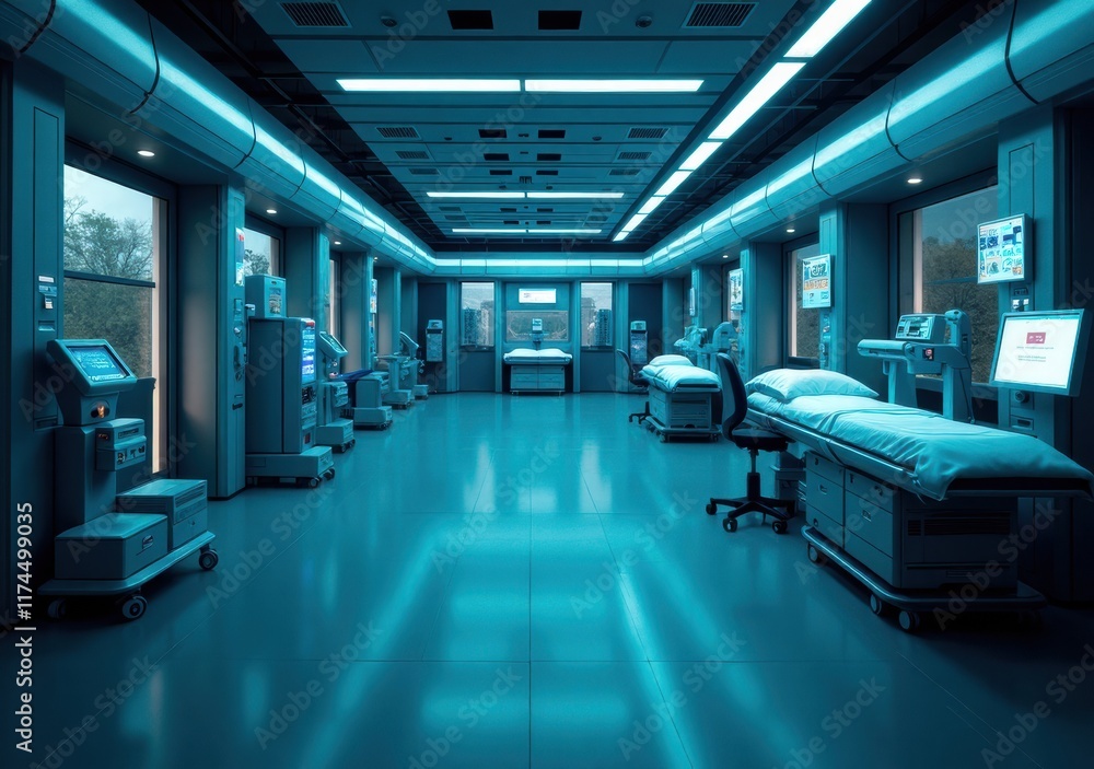 Fototapeta premium Futuristic medical facility with advanced equipment and bright blue lighting