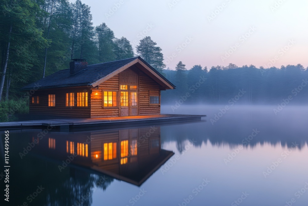 Wooden cabin reflecting on a tranquil lake during golden hour Wooden cabin reflecting on a tranquil lake during golden hour