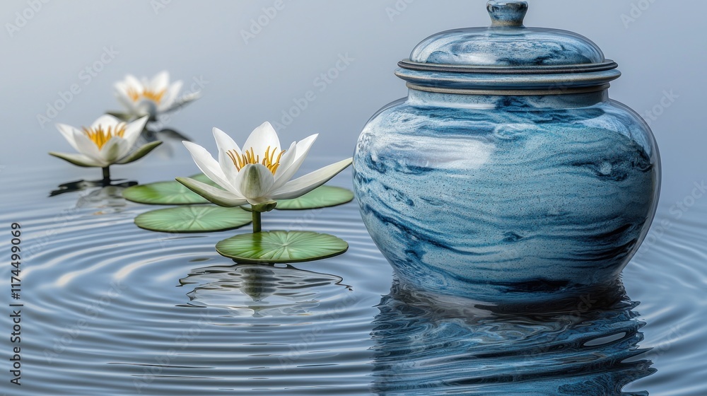 A serene scene featuring a blue jar and blooming water lilies. A serene scene featuring a blue jar and blooming water lilies.