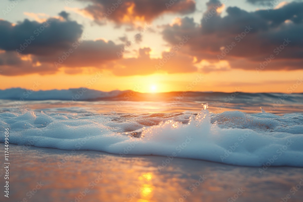 Fototapeta premium Sunset over a serene ocean with soft orange and pink hues