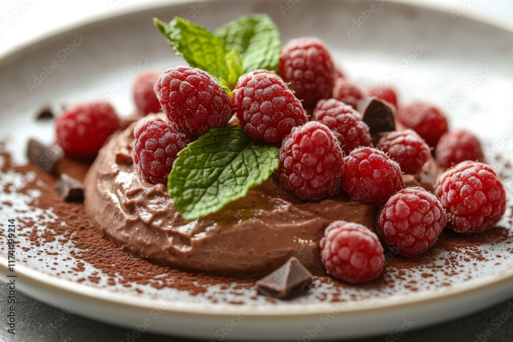 Chocolate mousse dessert garnished with fresh raspberries and mint Chocolate mousse dessert garnished with fresh raspberries and mint