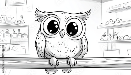 A wide-eyed owl sits on a perch in a store. Ideal for children's books, greeting cards, or animated projects. photo