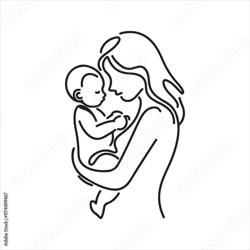 Woman holds her child in arms Happy Mother day card Continuous line drawing Vector illustration. Mom and baby. Mom holds her son in her arms. Sketch. Vector illustration isolated on white background
