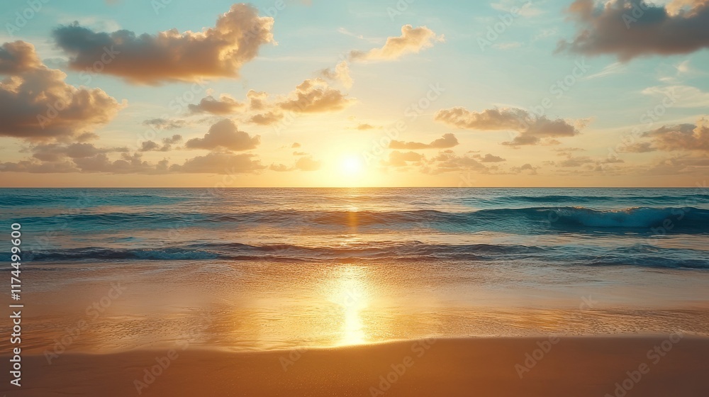 Breathtaking Sunrise Over Calm Ocean Waves with Soft Golden Reflection on Sandy Beach and Colorful Cloudy Sky in a Serene Coastal Atmosphere Breathtaking Sunrise Over Calm Ocean Waves with Soft Golden Reflection on Sandy Beach and Colorful Cloudy Sky in a Serene Coastal Atmosphere