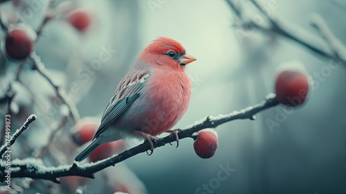 A common rosefinch perched on a branch in the Czech Republic, showcasing its beauty.  photo