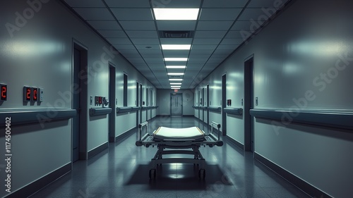 Empty Hospital Stretcher at Night - Well-Lit Corridor - AI Art photo