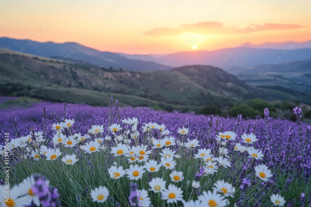 Fototapeta premium Scenic lavender field with a sunrise in the background