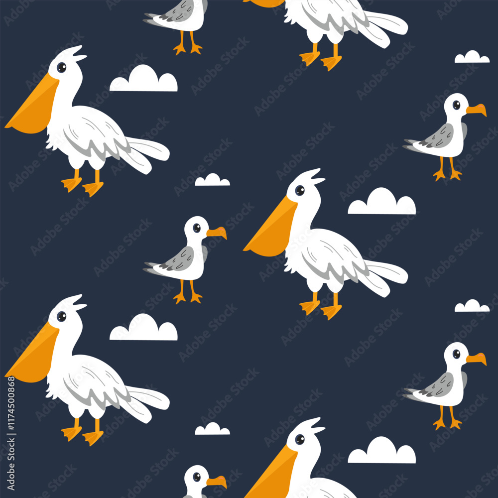 Obraz premium Colorful illustration of whimsical birds against a navy background with clouds