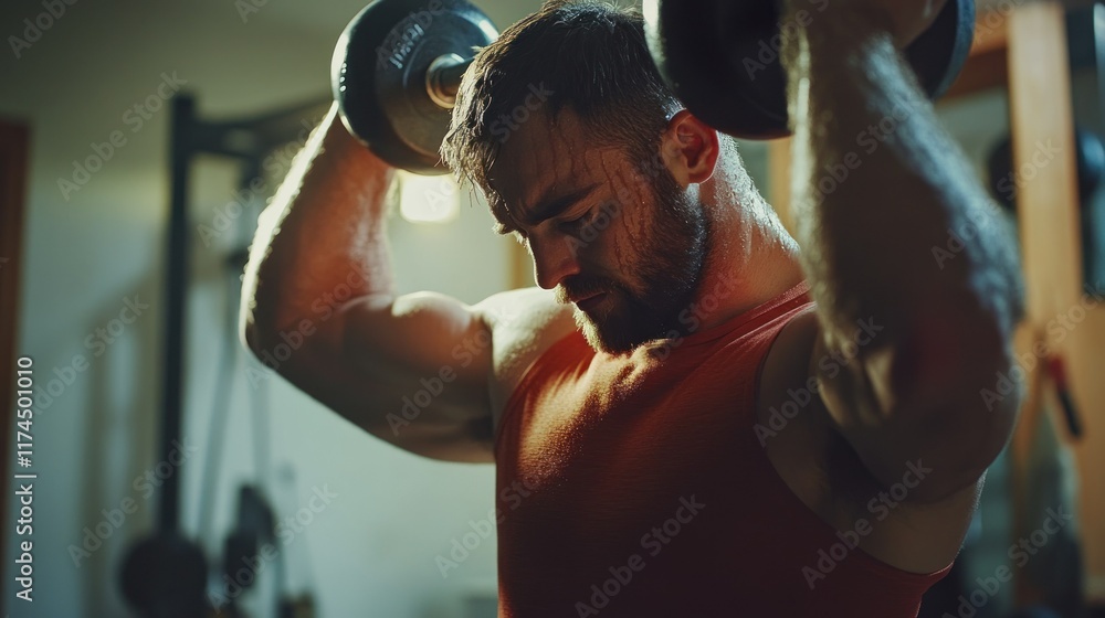 Muscular man lifting dumbbells overhead in gym. Muscular man lifting dumbbells overhead in gym.