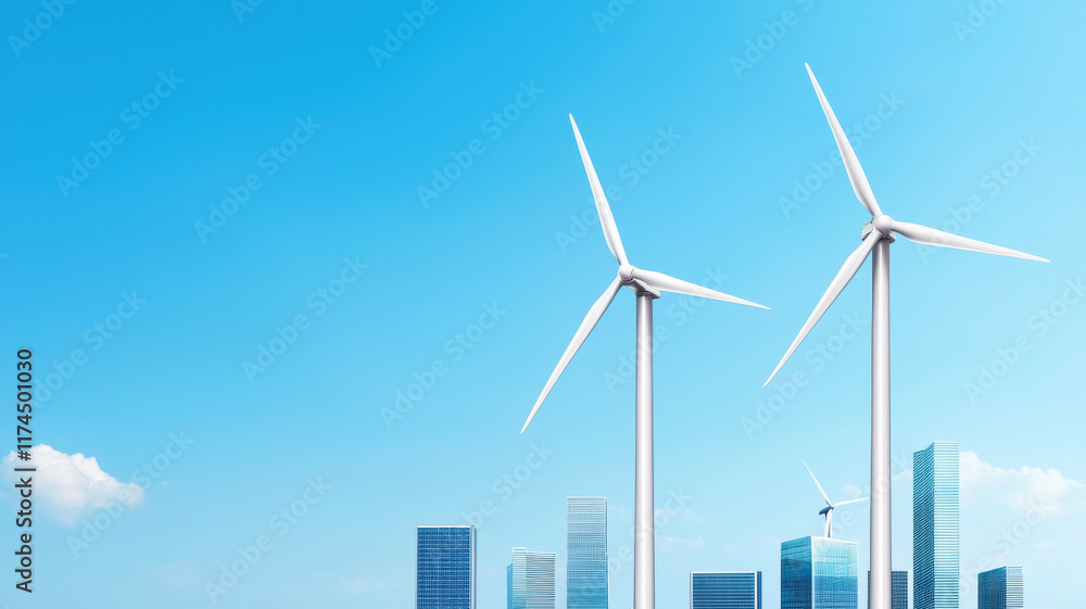 Green Economy and Sustainable Industry Transition Concept, Futuristic city skyline with wind turbines and clear blue sky