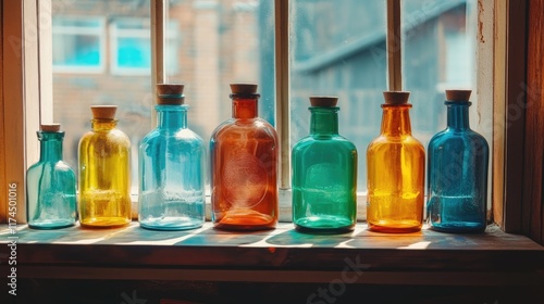 colourful glass bottles on a shelf in front of a window photo