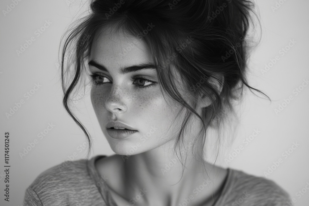 Black and white portrait of a young woman with a serious expression Black and white portrait of a young woman with a serious expression