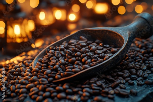 Close-up of roasted coffee beans in a rustic wooden scoop photo