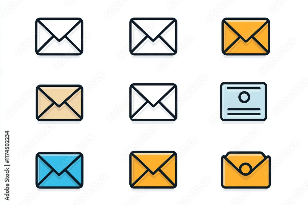 Colorful envelope icons set with diverse designs and styles Colorful envelope icons set with diverse designs and styles