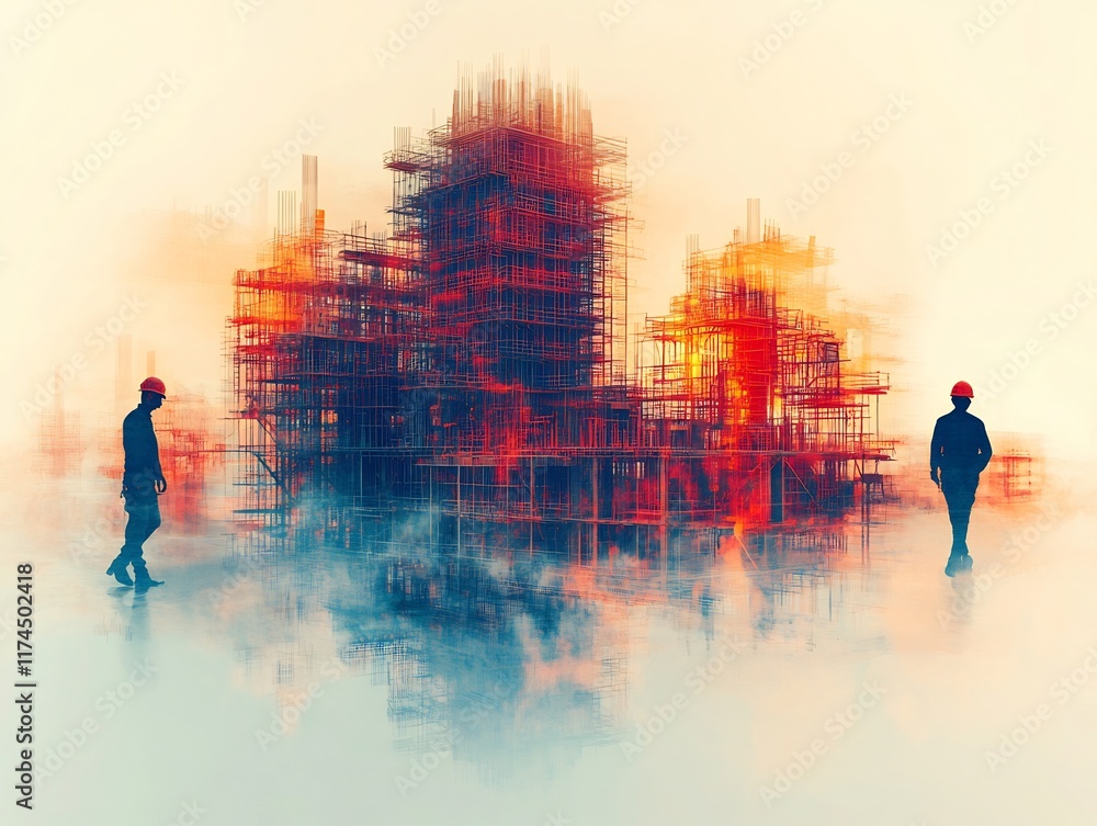 Obraz premium Intriguing Digital Painting: Silhouetted Figures Observe a Fiery, Abstract Construction Site. AI Generated