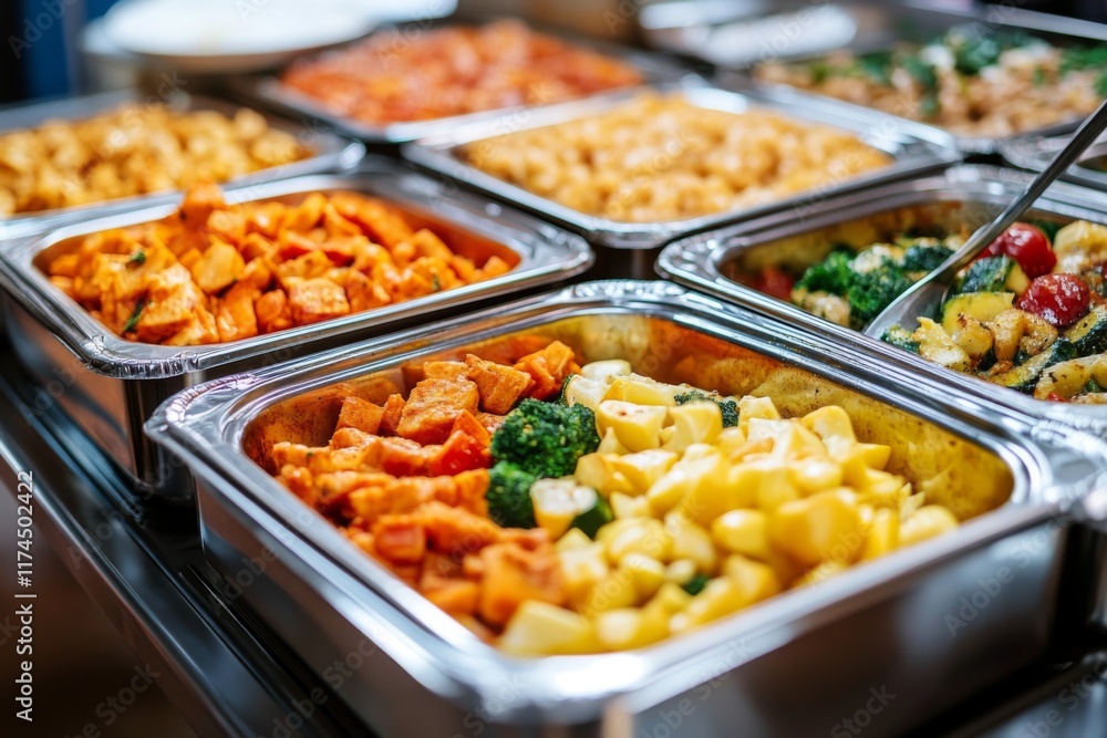 Assorted hot meals served in metal trays at a buffet Assorted hot meals served in metal trays at a buffet