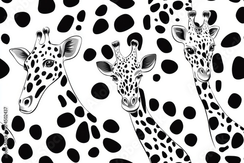 Intricate black and white giraffe pattern art with three giraffes photo