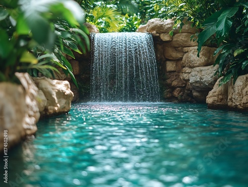 Serene Waterfall Cascades Gently into Lush Tropical Pool: Close-Up Photo. AI Generated photo