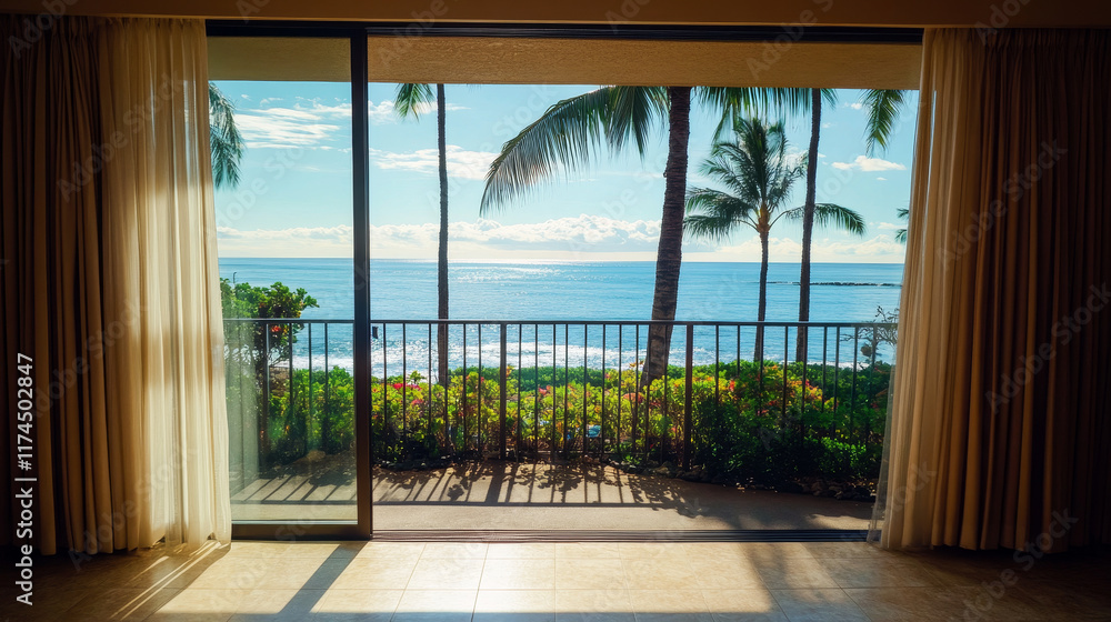 Fototapeta premium Sea and beach landscape window view from tropical hotel room vector illustration. Empty villa house interior near ocean and palm tree for peaceful mediterranean vacation. Horizontal paradise banner